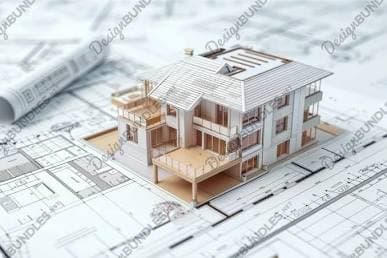 Architectural model placed on technical blueprints